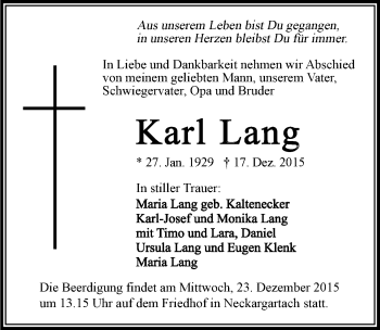 Traueranzeige von Karl Lang 