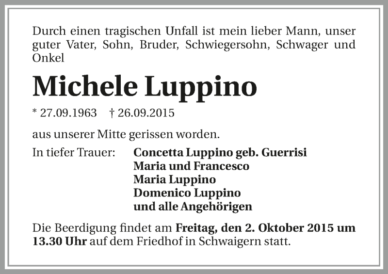  Traueranzeige für Michele Luppino vom 30.09.2015 aus 