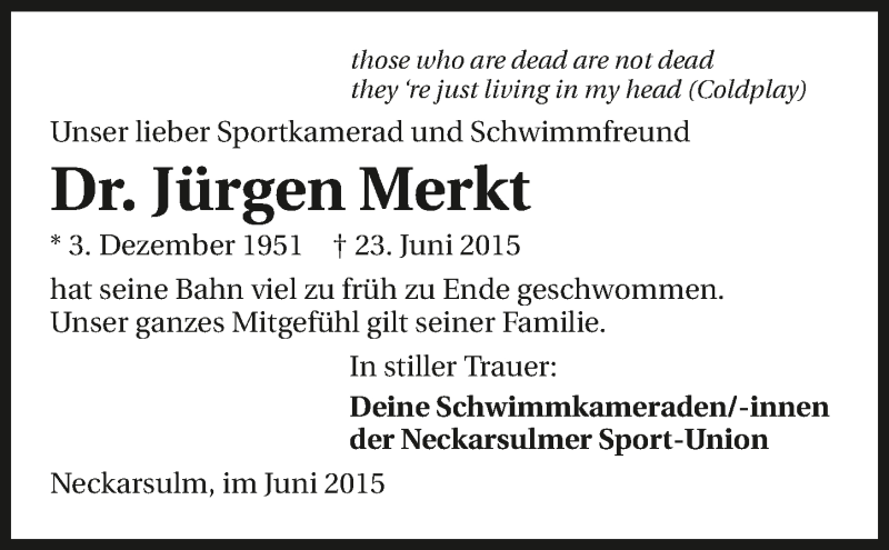  Traueranzeige für Jürgen Merkt vom 29.06.2015 aus 
