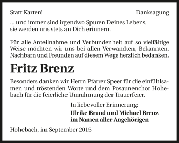 Traueranzeige von Fritz Brenz 