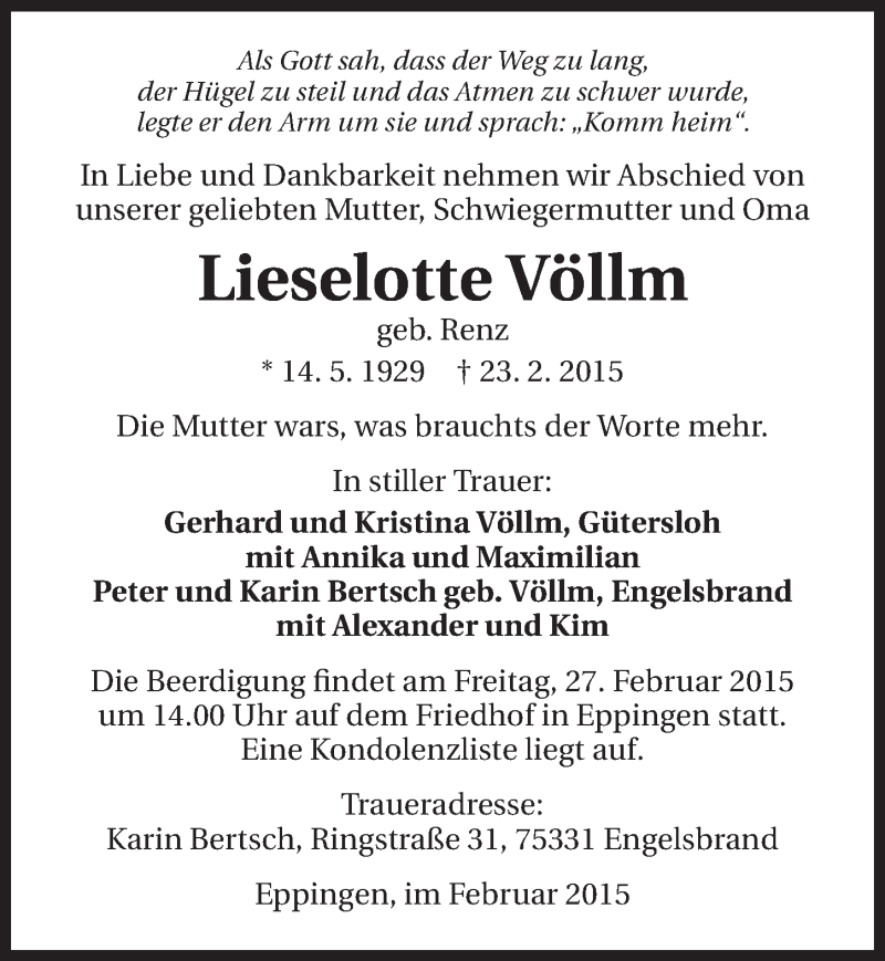  Traueranzeige für Lieselotte Völlm vom 25.02.2015 aus 
