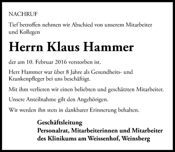 Traueranzeige von Klaus Hammer 