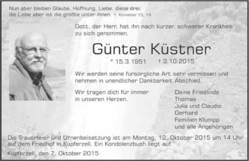  Traueranzeige für Günter Küstner vom 07.10.2015 aus 