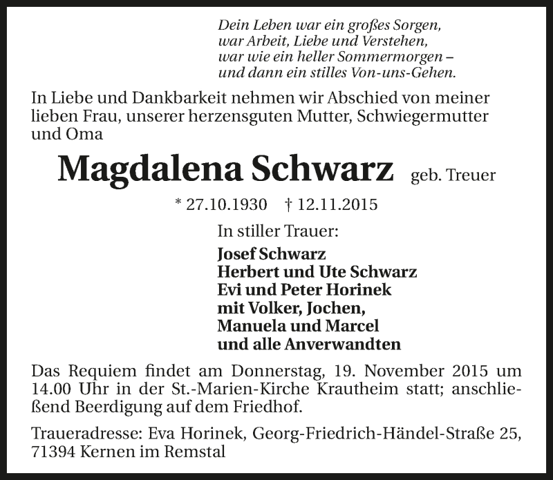  Traueranzeige für Magdalena Schwarz vom 16.11.2015 aus 
