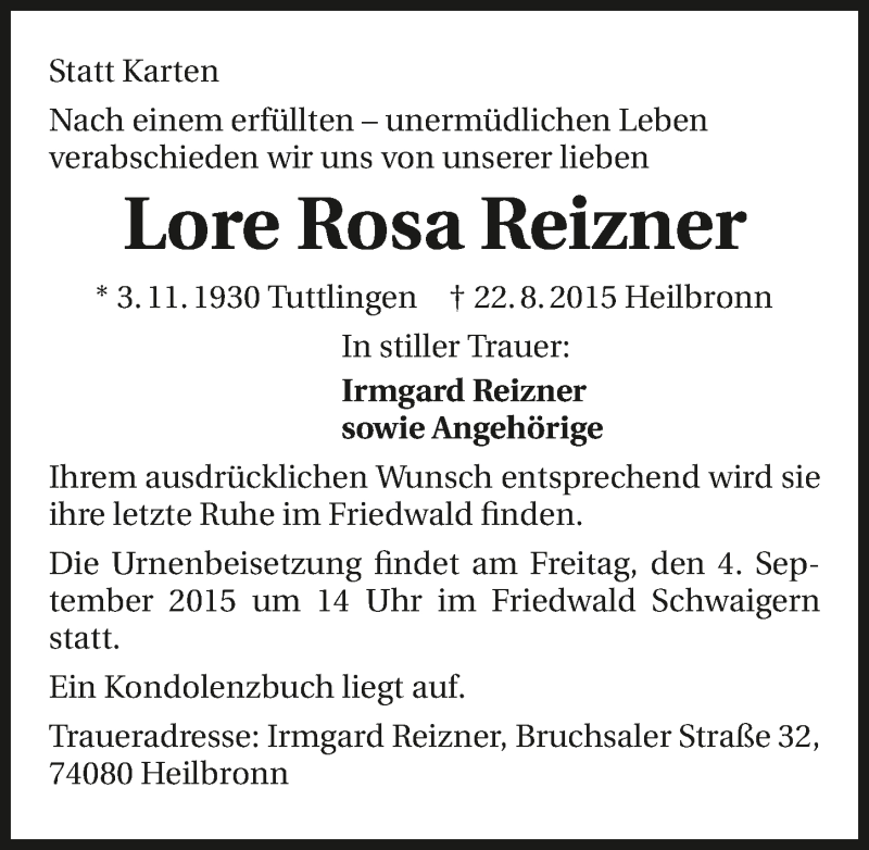  Traueranzeige für Lore Reizner vom 29.08.2015 aus 
