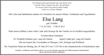 Traueranzeige von Else Lang 
