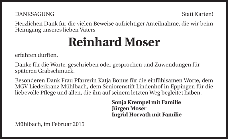  Traueranzeige für Reinhard Moser vom 27.02.2015 aus 