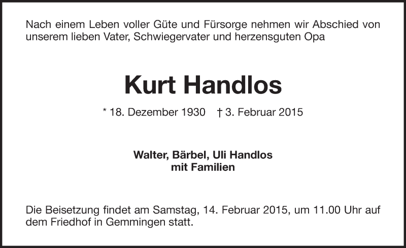  Traueranzeige für Kurt Handlos vom 07.02.2015 aus 