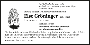 Traueranzeige von Else Gröninger 
