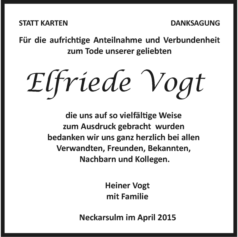  Traueranzeige für Elfriede Vogt vom 02.05.2015 aus 