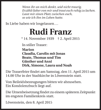 Traueranzeige von Rudi Franz 