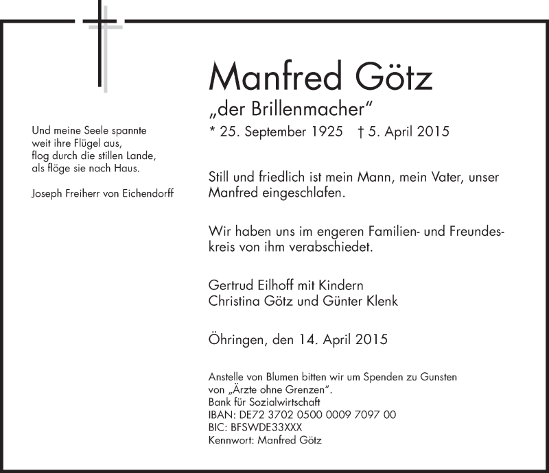  Traueranzeige für Manfred Götz vom 14.04.2015 aus 