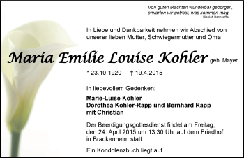 Traueranzeige von Marie Emilie Louise Kohler 