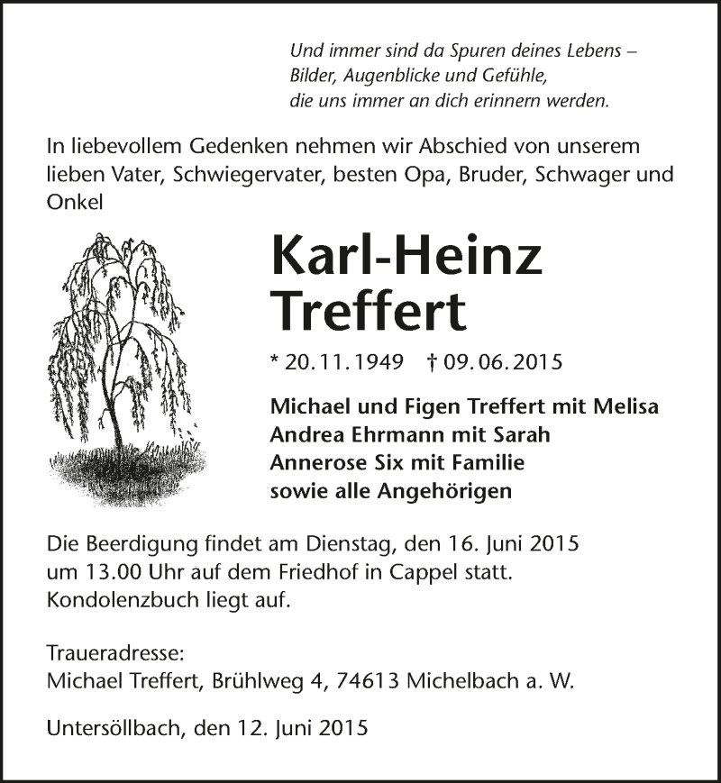  Traueranzeige für Karl-Heinz Treffert vom 12.06.2015 aus 