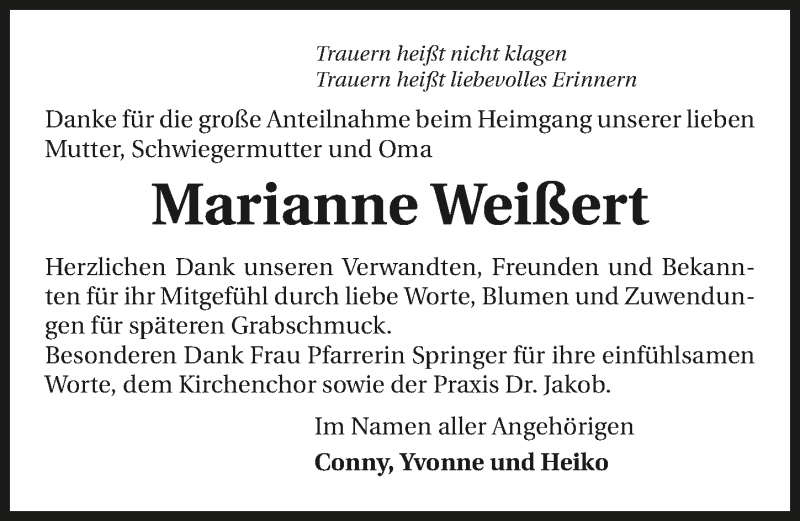  Traueranzeige für Marianne Weißert vom 14.05.2016 aus 