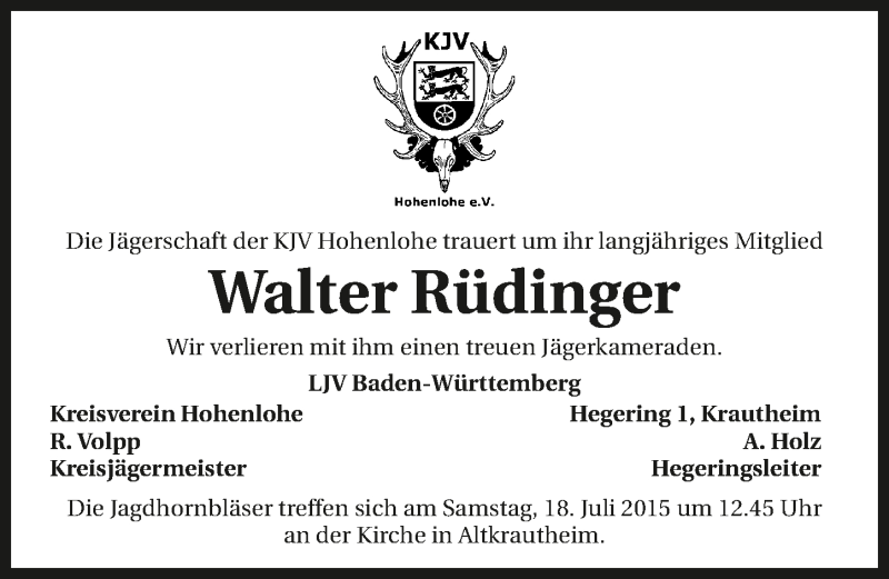  Traueranzeige für Walter Rüdinger vom 17.07.2015 aus 