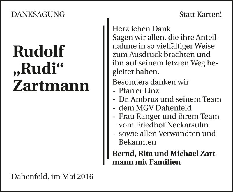  Traueranzeige für Rudolf Zartmann vom 13.05.2016 aus 