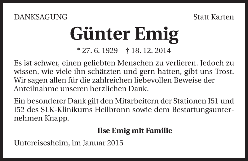  Traueranzeige für Günter Emig vom 09.01.2015 aus 