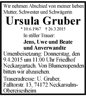 Traueranzeige von Ursula Gruber 