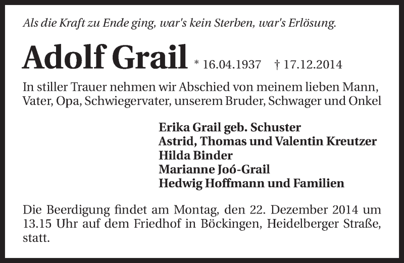  Traueranzeige für Adolf Grail vom 19.12.2014 aus 