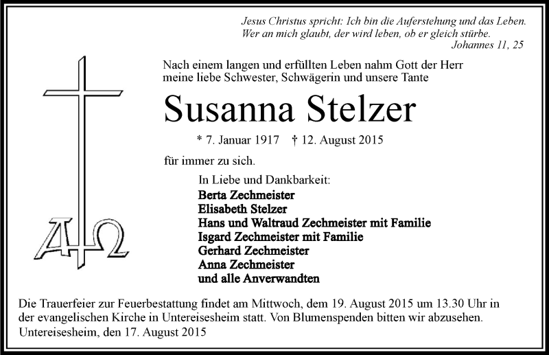  Traueranzeige für Susanna Stelzer vom 17.08.2015 aus 