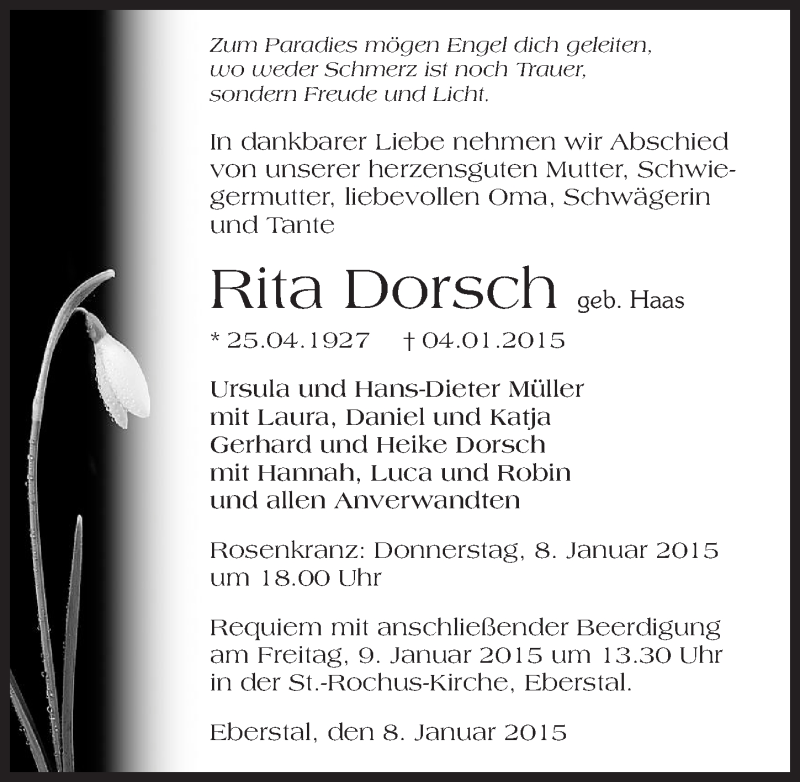  Traueranzeige für Rita Dorsch vom 08.01.2015 aus 