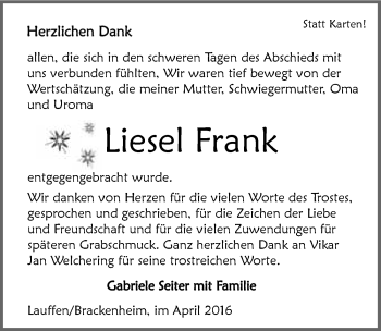 Traueranzeige von Liesel Frank 