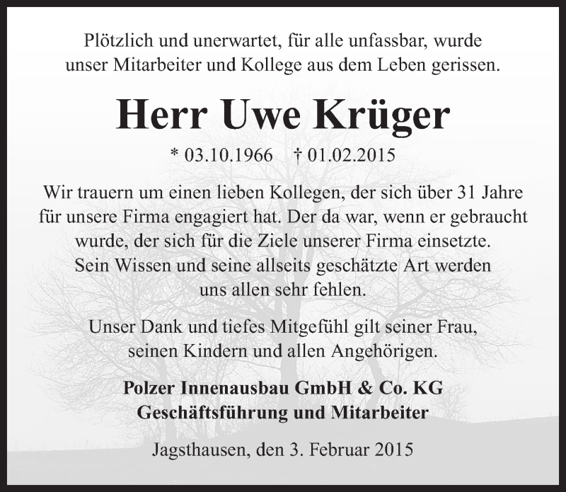  Traueranzeige für Uwe Krüger vom 05.02.2015 aus 