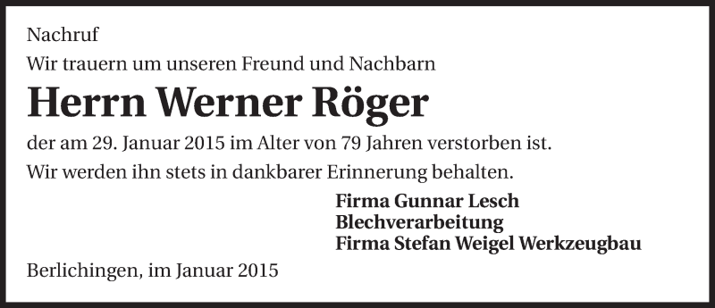  Traueranzeige für Werner Röger vom 07.02.2015 aus 