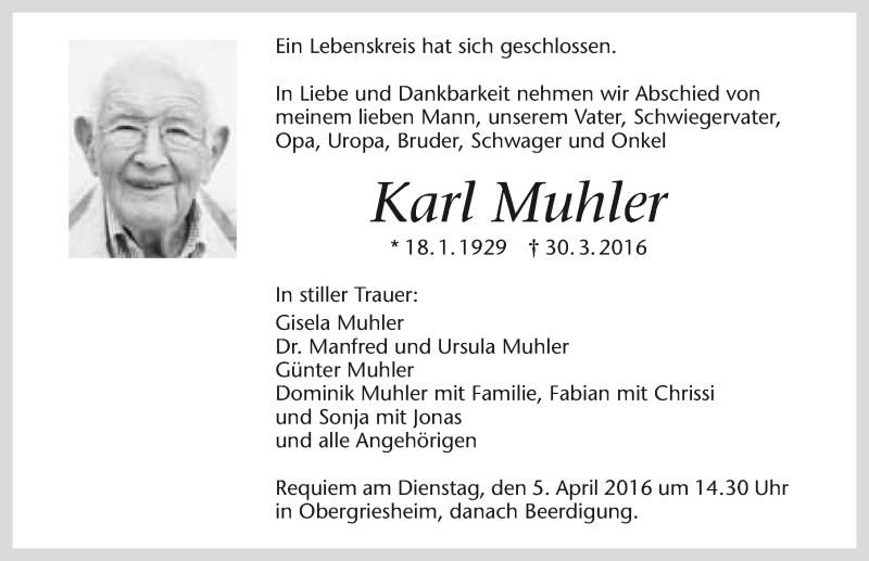  Traueranzeige für Karl Muhler vom 02.04.2016 aus 