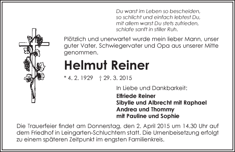  Traueranzeige für Helmut Reiner vom 31.03.2015 aus 