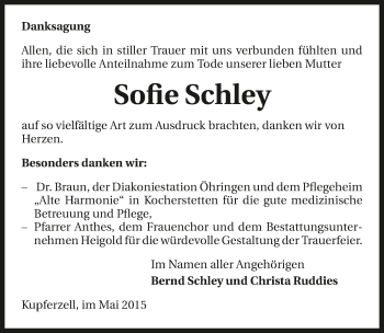Traueranzeige von Sofie Schley 