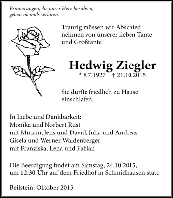 Traueranzeige von Hedwig Ziegler 