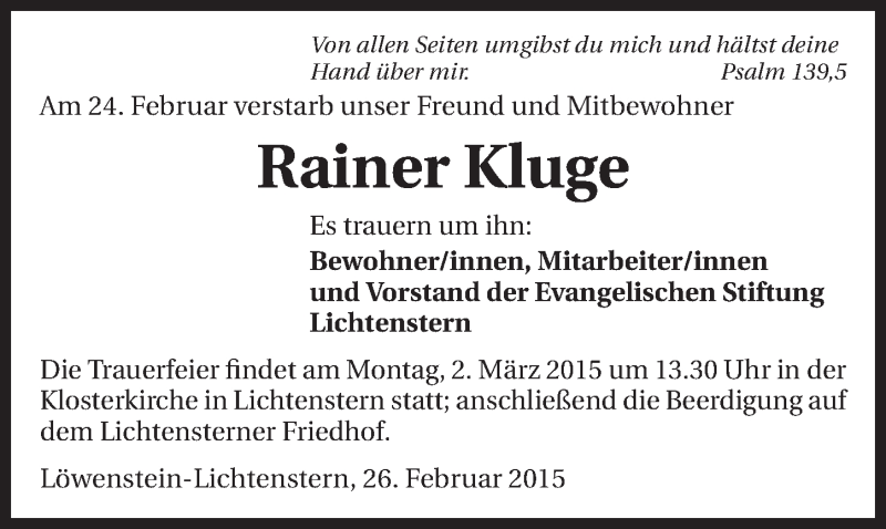  Traueranzeige für Rainer Kluge vom 27.02.2015 aus 
