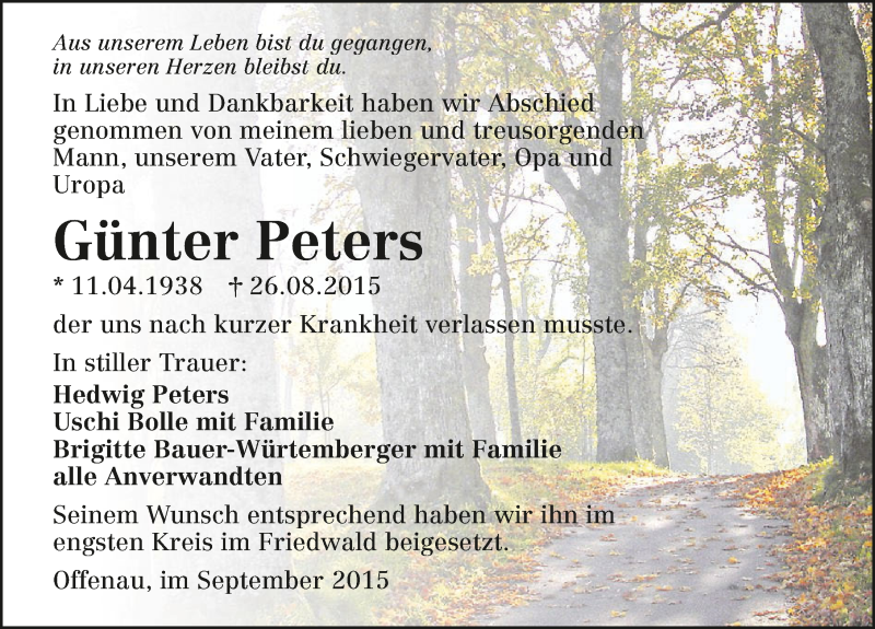  Traueranzeige für Günter Peters vom 04.09.2015 aus 