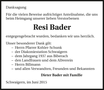 Traueranzeige von Resi Bader 