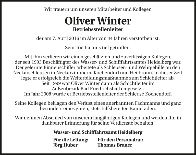  Traueranzeige für Oliver Winter vom 15.04.2016 aus 