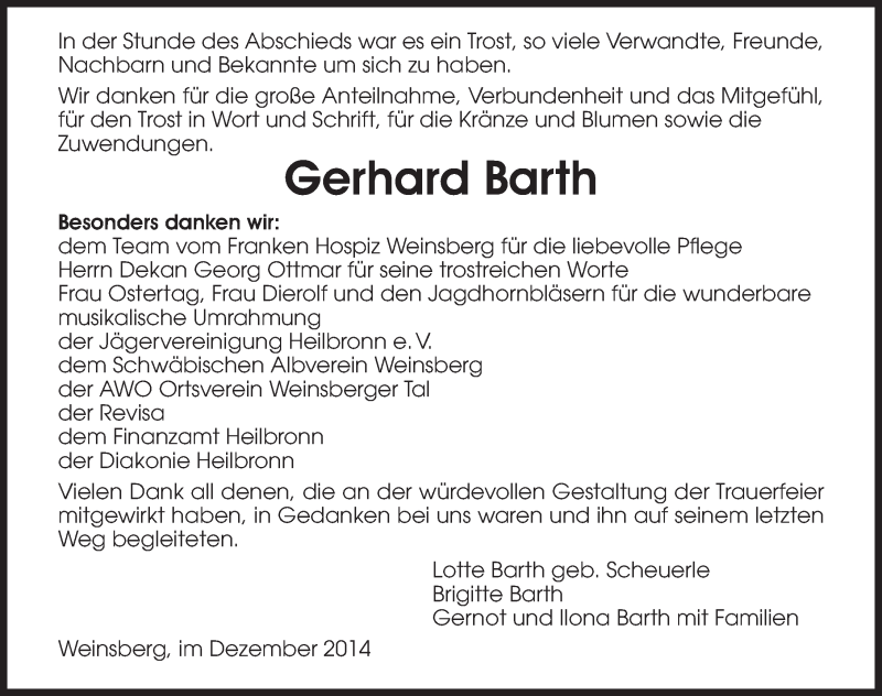  Traueranzeige für Gerhard Barth vom 31.12.2014 aus 