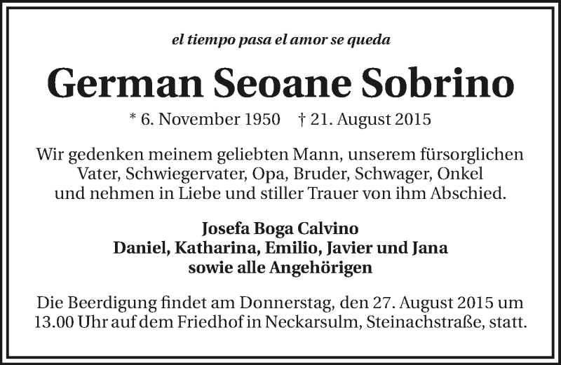  Traueranzeige für German Seoane Sobrino vom 26.08.2015 aus 