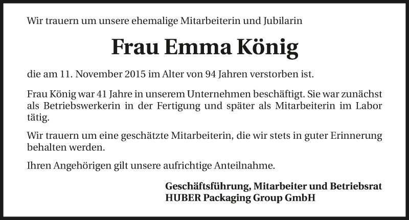  Traueranzeige für Emma König vom 24.11.2015 aus 