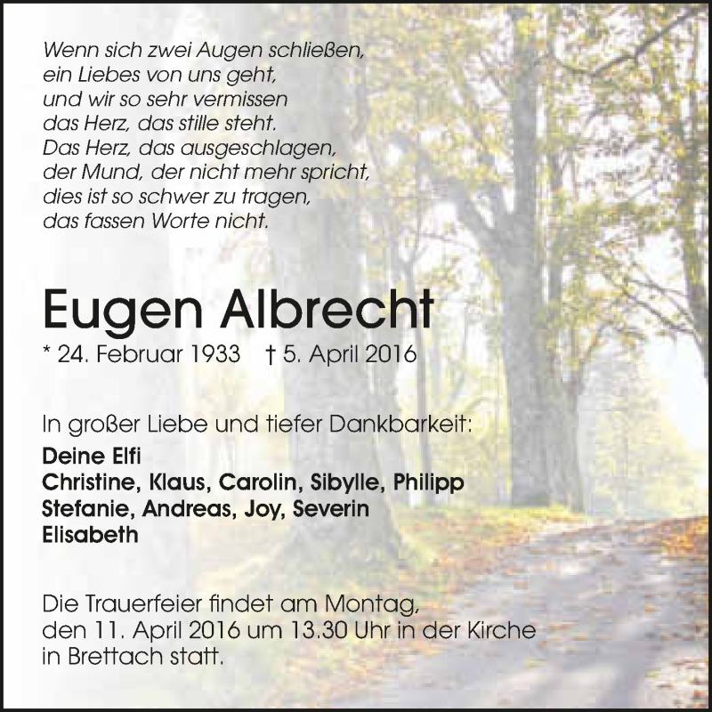  Traueranzeige für Eugen Albrecht vom 08.04.2016 aus 