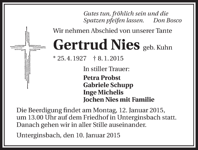  Traueranzeige für Gertrud Nies vom 10.01.2015 aus 