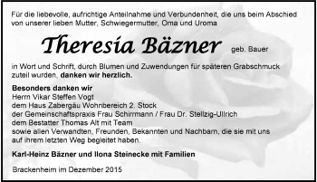 Traueranzeige von Theresia Bäzner 