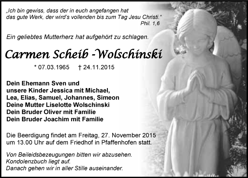  Traueranzeige für Carmen Scheib-Wolschinski vom 26.11.2015 aus 