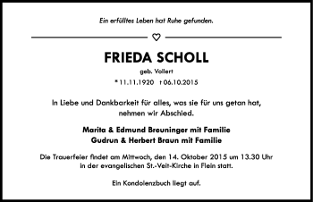 Traueranzeige von Frieda Scholl 