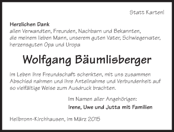 Traueranzeige von Wolfgang Bäumlisberger 