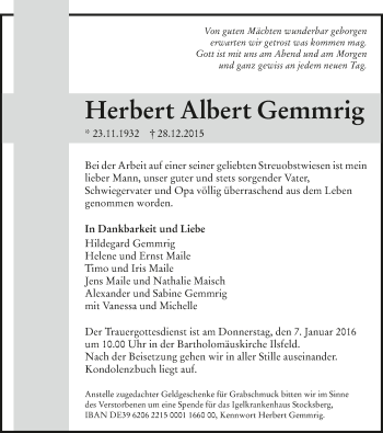 Traueranzeige von Herbert Albert Gemmrig 