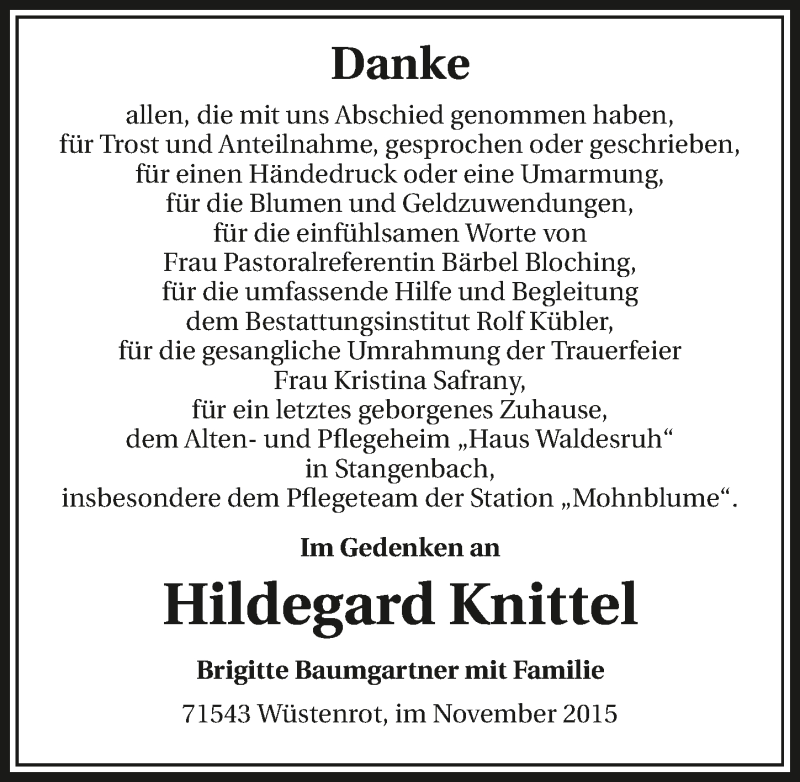  Traueranzeige für Hildegard Knittel vom 28.11.2015 aus 