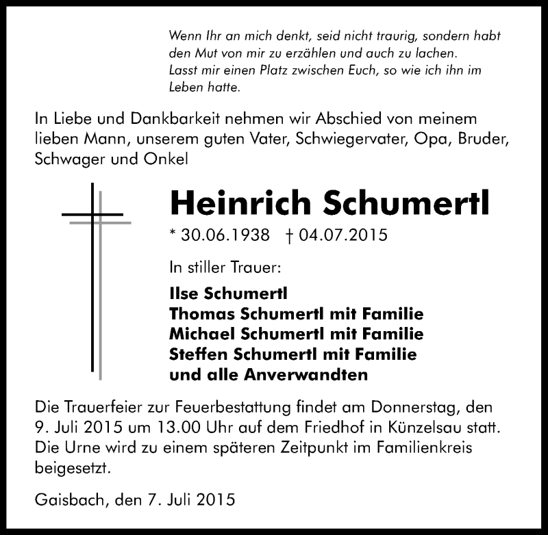  Traueranzeige für Heinrich Schumertl vom 07.07.2015 aus 