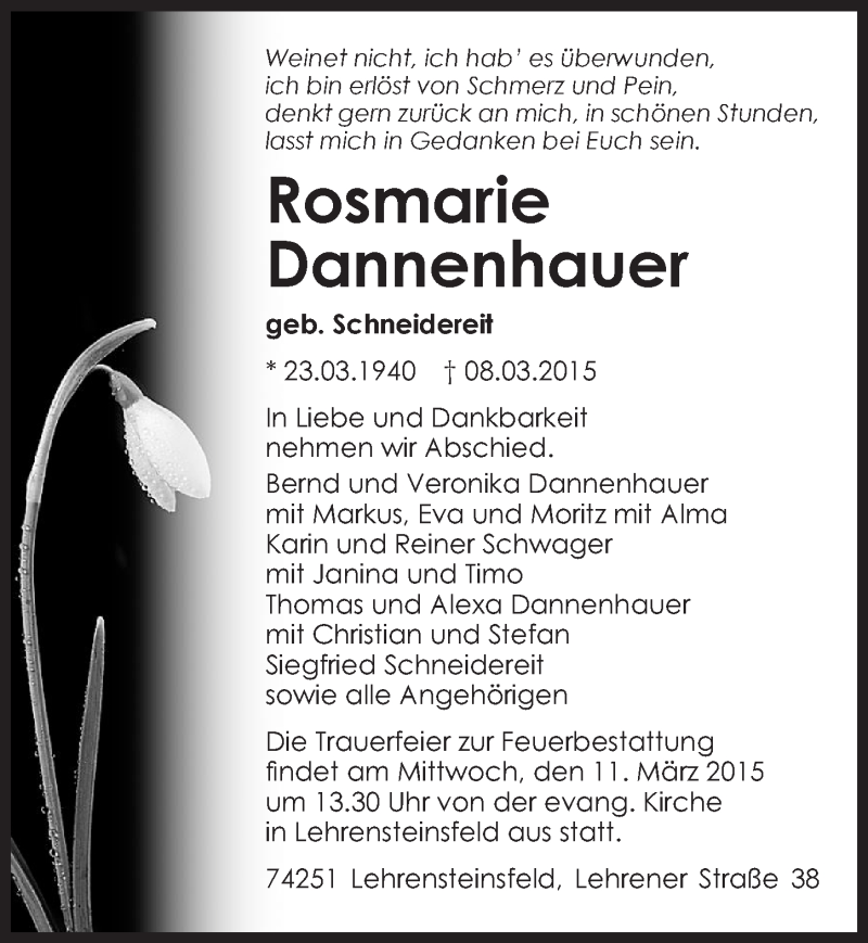  Traueranzeige für Rosmarie Dannenhauer vom 10.03.2015 aus 